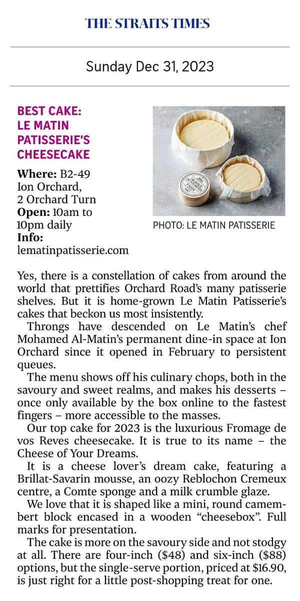 THE STRAITS TIMES · Fromage de vos Rêves — Best Cake of 2023